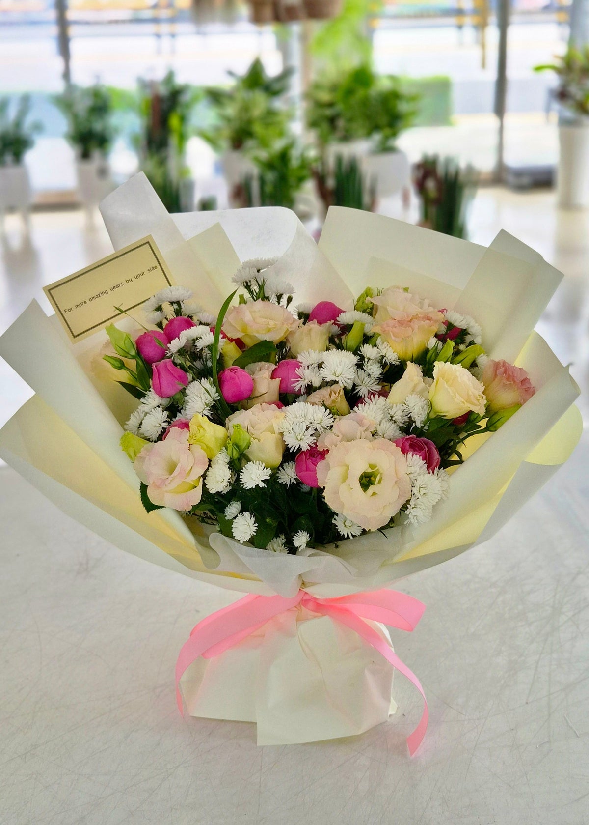 Blush of romance hand-tied bouquet with custom message card for delivery in Korea