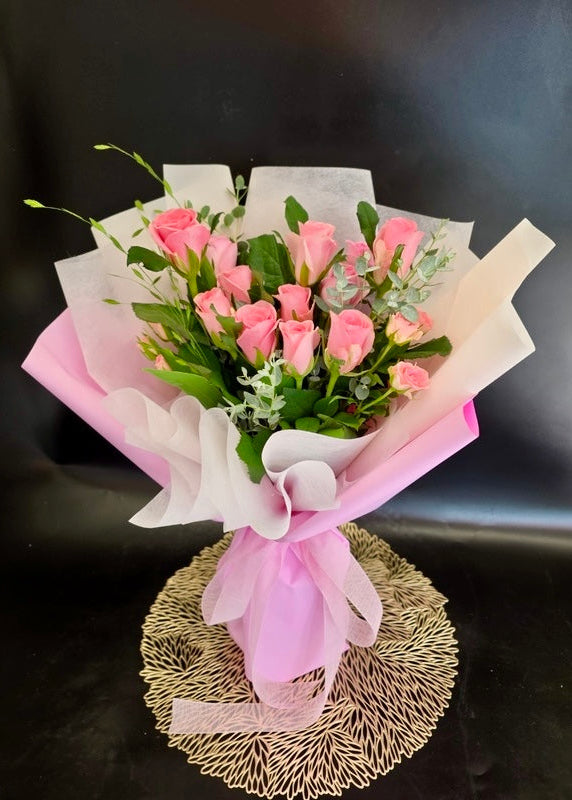 Soft Romance 12 pink roses hand-tied bouquet with custom card message for delivery in Korea